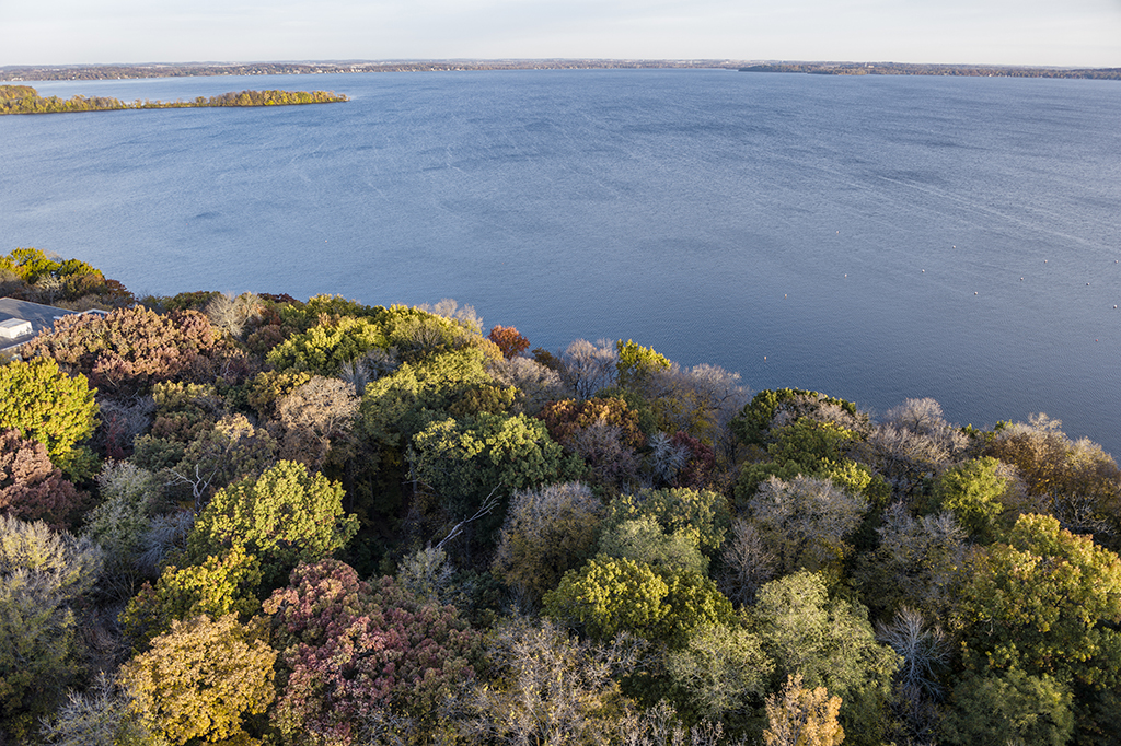 An aerial shot of fall colors at picnic point