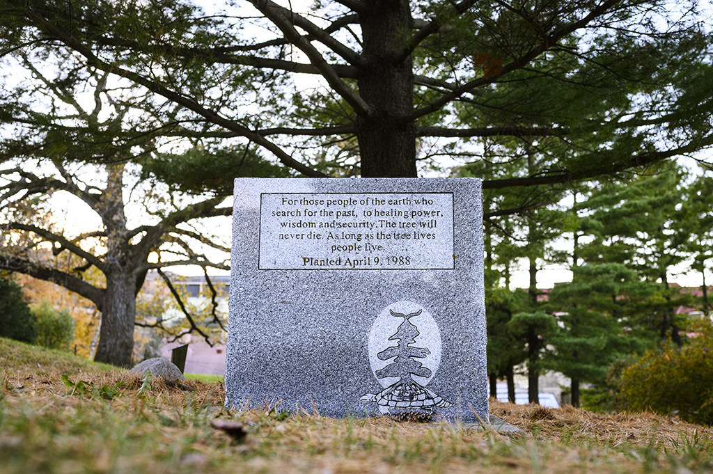 The plaque in front of the tree of peace